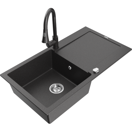 Mexen Leo granite sink 1-bowl with drainer and Elia kitchen tap, black speckled - 6501-76-670101-76