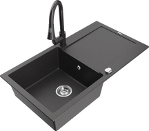 Mexen Leo 1-bowl granite sink with drainer and Elia kitchen faucet, black speckled - 6501-76-670101-76