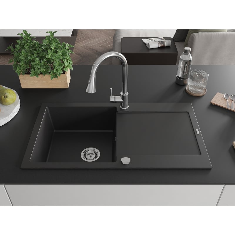 Mexen Leo granite kitchen sink 1-bowl with drainer and Elia kitchen faucet, black - 6501-77-670101-00