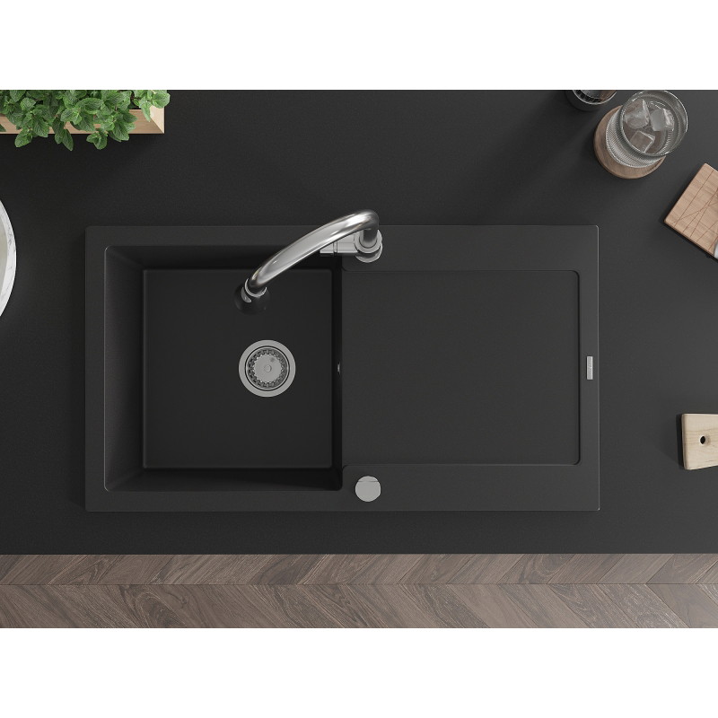 Mexen Leo granite kitchen sink 1-bowl with drainer and Elia kitchen faucet, black - 6501-77-670101-00