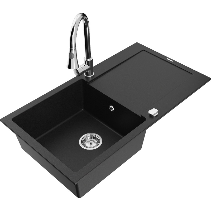 Mexen Leo 1-bowl granite kitchen sink with drainer and Elia kitchen faucet, black - 6501-77-670101-00
