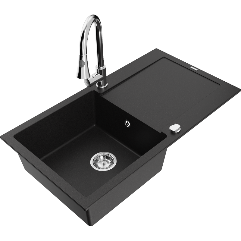 Mexen Leo granite sink 1-bowl with drainer and Elia kitchen tap, black - 6501-77-670101-00