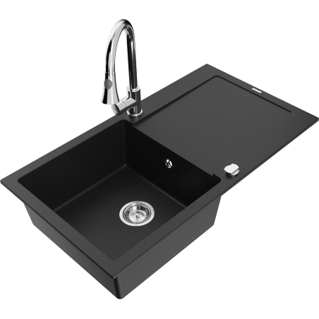Mexen Leo granite kitchen sink 1-bowl with drainer and Elia kitchen faucet, black - 6501-77-670101-00