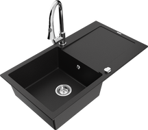 Mexen Leo 1-bowl granite kitchen sink with drainer and Elia kitchen faucet, black - 6501-77-670101-00