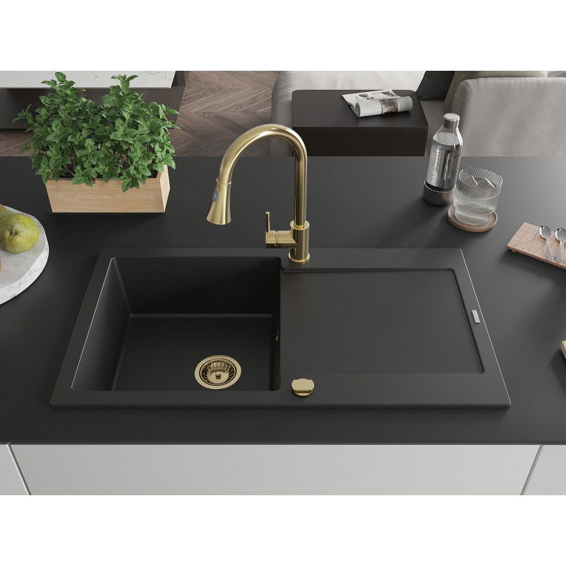 Mexen Leo 1-bowl granite kitchen sink with drainer and Elia tap, black - 6501-77-670101-50