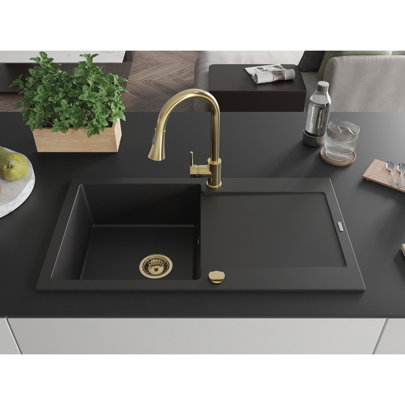 Mexen Leo granite sink 1-bowl with drainer and Elia kitchen faucet, black - 6501-77-670101-50