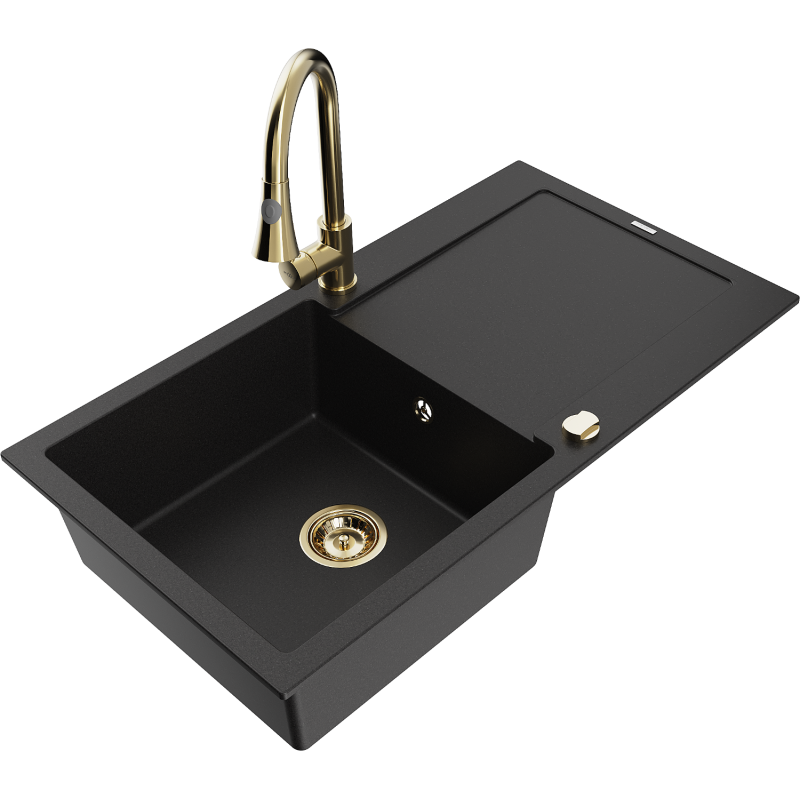 Mexen Leo 1-compartment granite sink with a drip tray and kitchen mixer tap Elia, Black - 6501-77-670101-50
