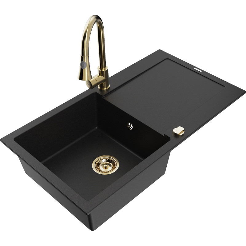 Mexen Leo granite sink 1-bowl with drainer and Elia kitchen faucet, black - 6501-77-670101-50