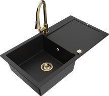 Mexen Leo 1-bowl granite kitchen sink with drainer and Elia tap, black - 6501-77-670101-50