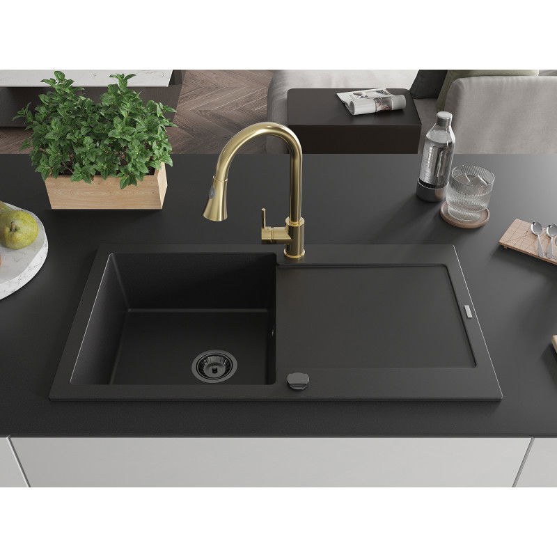Mexen Leo 1-bowl granite sink with drainer and Elia kitchen tap, black - 6501-77-670101-50-B