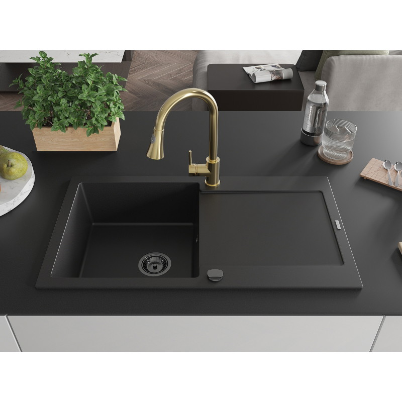Mexen Leo granite kitchen sink single-bowl with drainer and Elia kitchen faucet, black - 6501-77-670101-50-B
