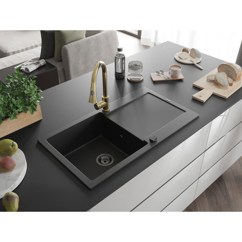 Mexen Leo 1-bowl granite sink with drainer and Elia kitchen tap, black - 6501-77-670101-50-B