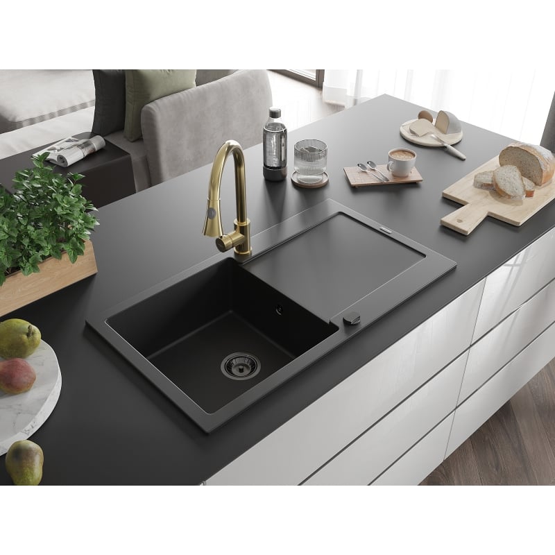Mexen Leo granite kitchen sink single-bowl with drainer and Elia kitchen faucet, black - 6501-77-670101-50-B