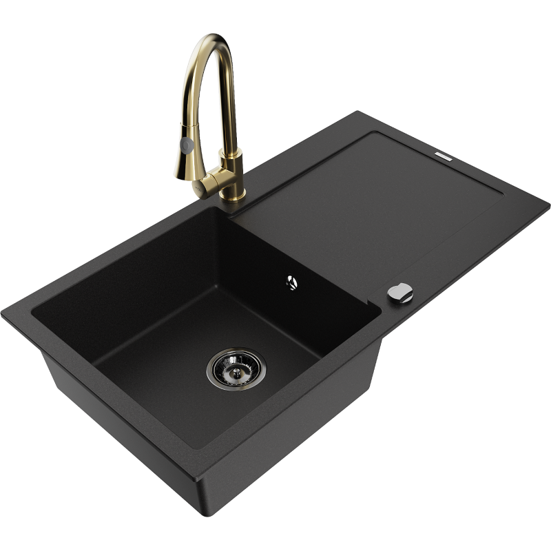 Mexen Leo 1-bowl granite sink with drainer and Elia kitchen tap, black - 6501-77-670101-50-B