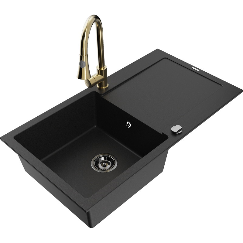 Mexen Leo 1-bowl granite sink with drainer and kitchen faucet Elia, black - 6501-77-670101-50-B