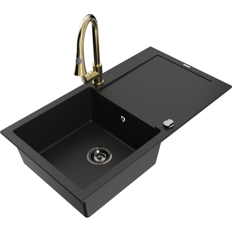 Mexen Leo 1-compartment granite sink with a drip tray and kitchen mixer tap Elia, Black - 6501-77-670101-50-B