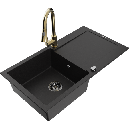 Mexen Leo 1-bowl granite sink with drainer and kitchen faucet Elia, black - 6501-77-670101-50-B