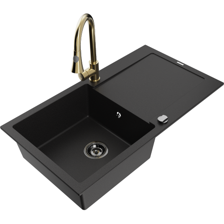 Mexen Leo granite kitchen sink single-bowl with drainer and Elia kitchen faucet, black - 6501-77-670101-50-B