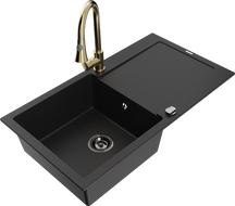 Mexen Leo 1-compartment granite sink with a drip tray and kitchen mixer tap Elia, Black - 6501-77-670101-50-B