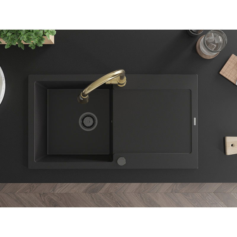 Mexen Leo 1-bowl granite sink with drainer and Elia kitchen tap, black - 6501-77-670101-50-B