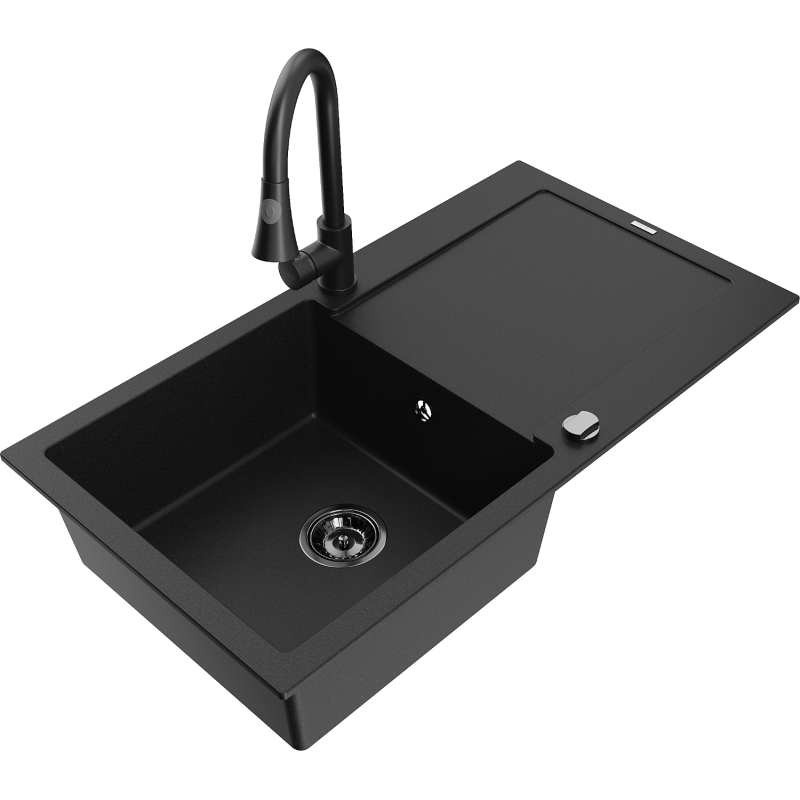 Mexen Leo 1-bowl granite sink with drainer and Elia kitchen tap, black - 6501-77-670101-70-B
