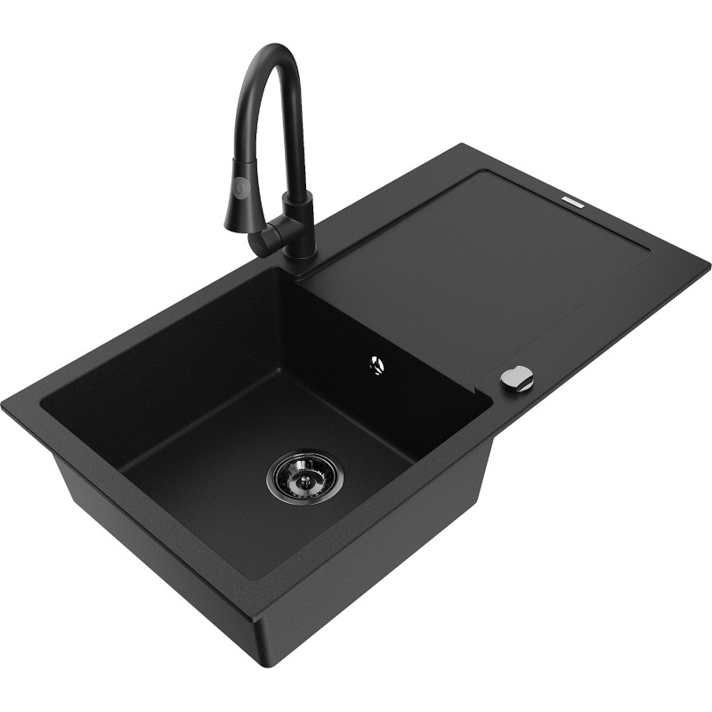 Mexen Leo Granite Kitchen Sink 1-Bowl with Drainer and Elia Faucet, Black - 6501-77-670101-70-B