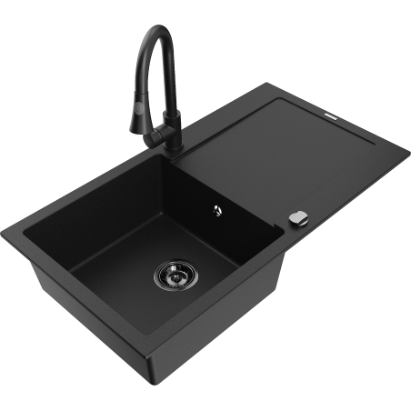 Mexen Leo Granite Kitchen Sink 1-Bowl with Drainer and Elia Faucet, Black - 6501-77-670101-70-B
