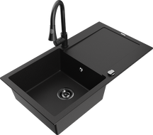 Mexen Leo 1-bowl granite sink with drainer and Elia kitchen tap, black - 6501-77-670101-70-B