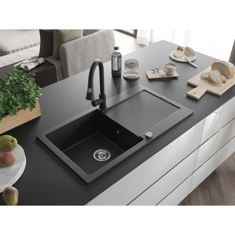 Mexen Leo 1-bowl granite sink with drainer and Elia kitchen tap, black - 6501-77-670101-70