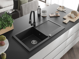 Mexen Leo granit sink 1-chamber with drainer and kitchen faucet Elia, black - 6501-77-670101-70
