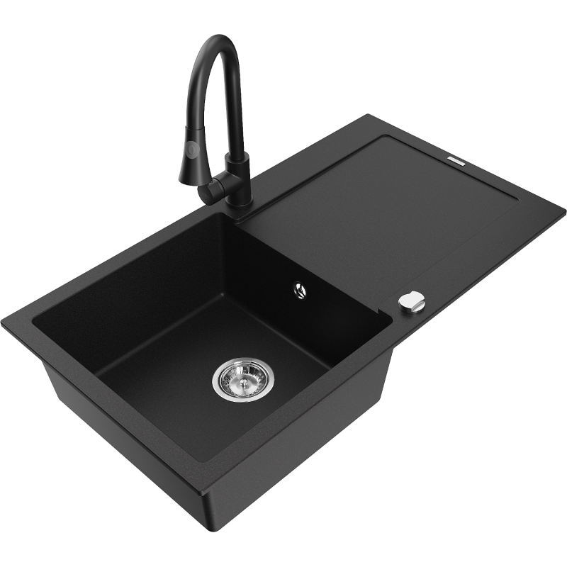 Mexen Leo 1-bowl granite sink with drainer and Elia kitchen tap, black - 6501-77-670101-70