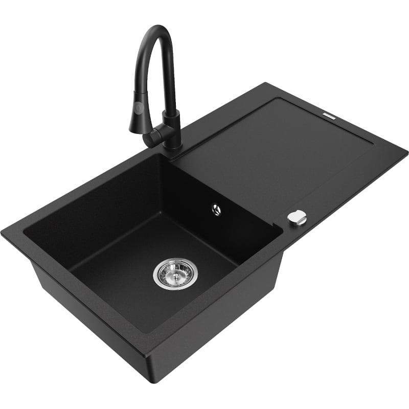 Mexen Leo granit sink 1-chamber with drainer and kitchen faucet Elia, black - 6501-77-670101-70