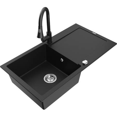 Mexen Leo 1-bowl granite sink with drainer and Elia kitchen tap, black - 6501-77-670101-70