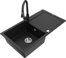 Mexen Leo 1-compartment granite sink with a drip tray and kitchen mixer tap Elia, Black - 6501-77-670101-70