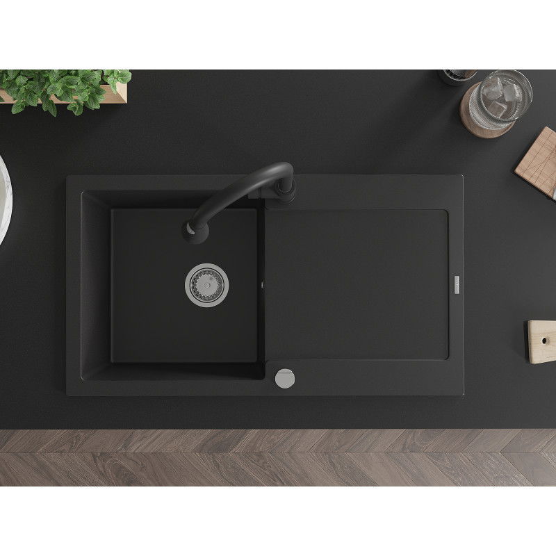 Mexen Leo 1-bowl granite sink with drainer and Elia kitchen tap, black - 6501-77-670101-70