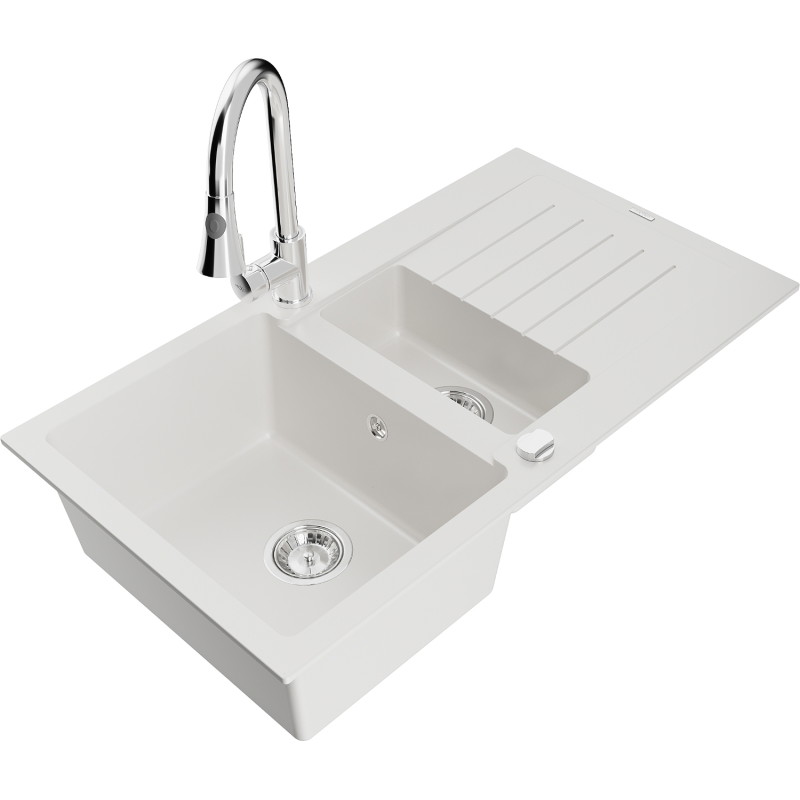 Mexen Matias granite sink 1.5-bowl with drainer and kitchen faucet Elia, white - 6502-20-670101-00