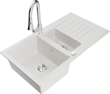 Mexen Matias 1.5-bowl granite sink with drainer and Elia kitchen faucet, white - 6502-20-670101-00
