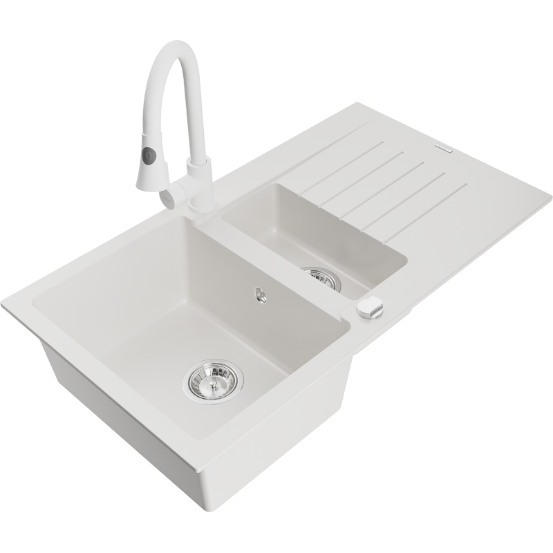 Mexen Matias 1.5-compartment granite sink with a drip tray and kitchen mixer tap Elia, White - 6502-20-670101-20