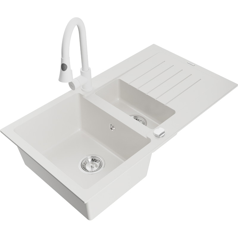Mexen Matias granite sink 1.5-bowl with drainer and kitchen faucet Elia, white - 6502-20-670101-20