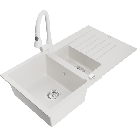 Mexen Matias 1.5-compartment granite sink with a drip tray and kitchen mixer tap Elia, White - 6502-20-670101-20