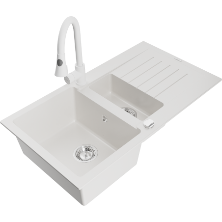 Mexen Matias granite sink 1.5-bowl with drainer and Elia kitchen tap, white - 6502-20-670101-20
