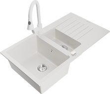 Mexen Matias 1.5-compartment granite sink with a drip tray and kitchen mixer tap Elia, White - 6502-20-670101-20