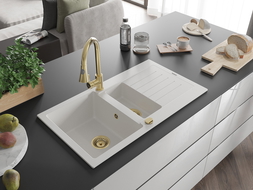 Mexen Matias 1.5-compartment granite sink with a drip tray and kitchen mixer tap Elia, White - 6502-20-670101-50