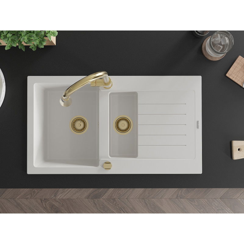 Mexen Matias 1.5-bowl granite sink with drainer and Elia kitchen tap, white - 6502-20-670101-50