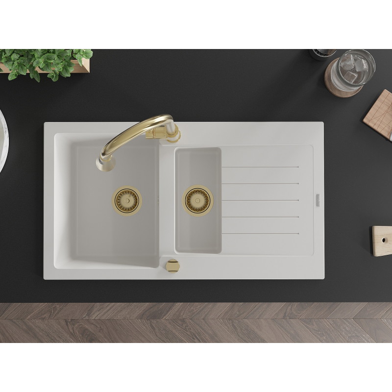 Mexen Matias granite kitchen sink 1.5 bowl with drainer and Elia faucet, white - 6502-20-670101-50