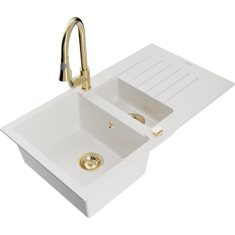 Mexen Matias 1.5-compartment granite sink with a drip tray and kitchen mixer tap Elia, White - 6502-20-670101-50