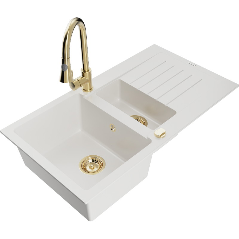 Mexen Matias granite kitchen sink 1.5 bowl with drainer and Elia faucet, white - 6502-20-670101-50