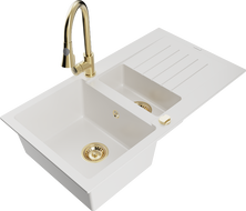 Mexen Matias 1.5-compartment granite sink with a drip tray and kitchen mixer tap Elia, White - 6502-20-670101-50
