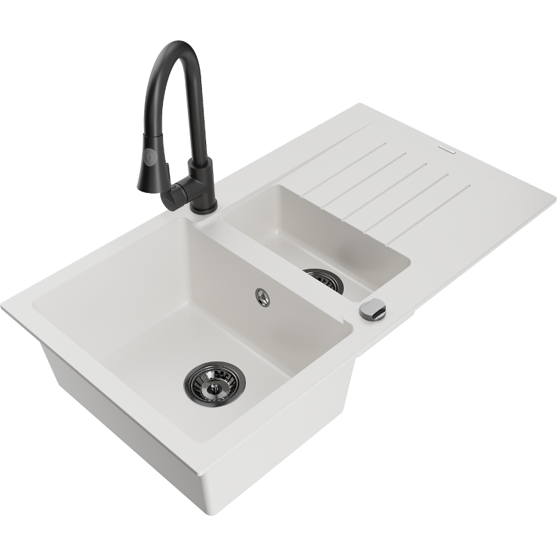 Mexen Matias 1.5-compartment granite sink with a drip tray and kitchen mixer tap Elia, White - 6502-20-670101-70