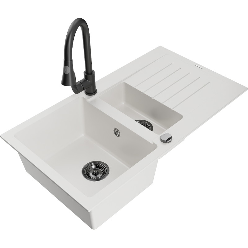Mexen Matias Elia 1.5-bowl granite sink with drainer and kitchen faucet, white - 6502-20-670101-70